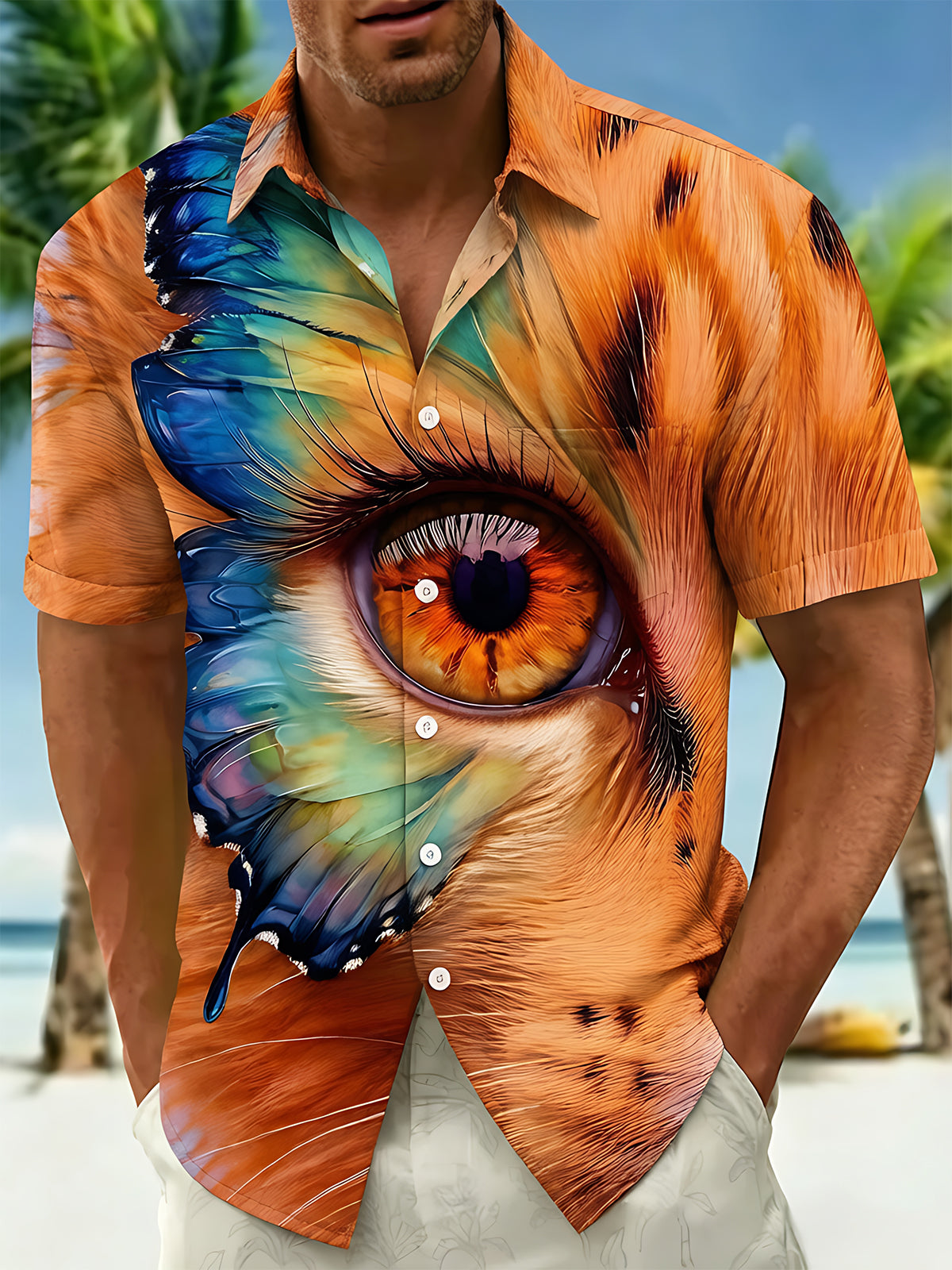 Art Cat Gradient Butterfly Giant Eye Men's Pocket Short Sleeve Shirts