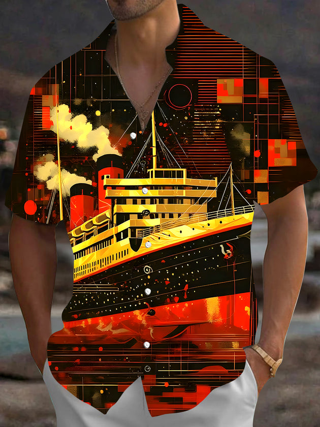 Men's Hawaiian print pocket short sleeve shirt front view for tropical beach vacation