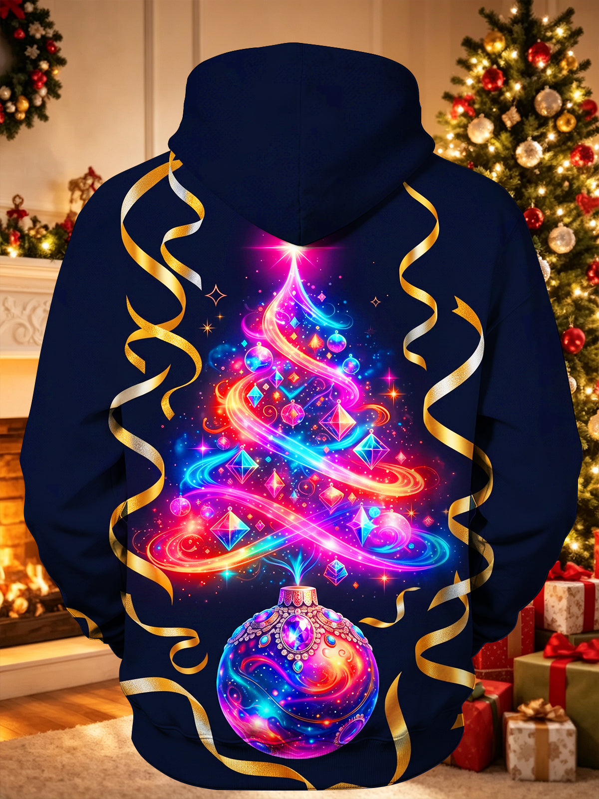 Adaychic Men's Graphic Neon Christmas Tree Bauble Print Long Sleeve Hoodie