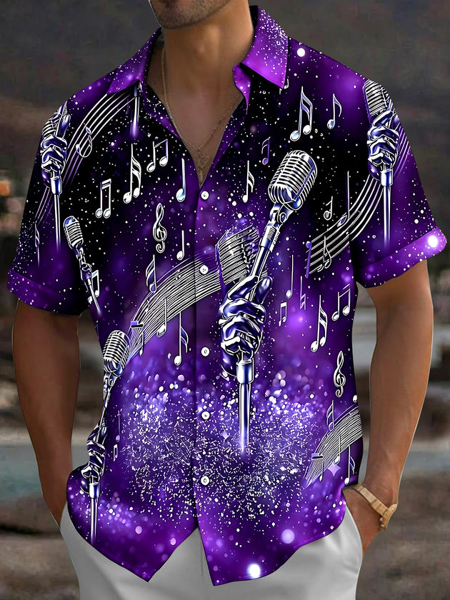 Adaychic Men's Graphic Microphone Print Short Sleeve Shirt with Chest Pocket