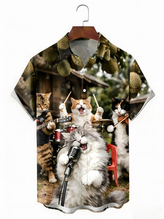 Men's Retro Cat Band Print Short Sleeve Shirt Front View