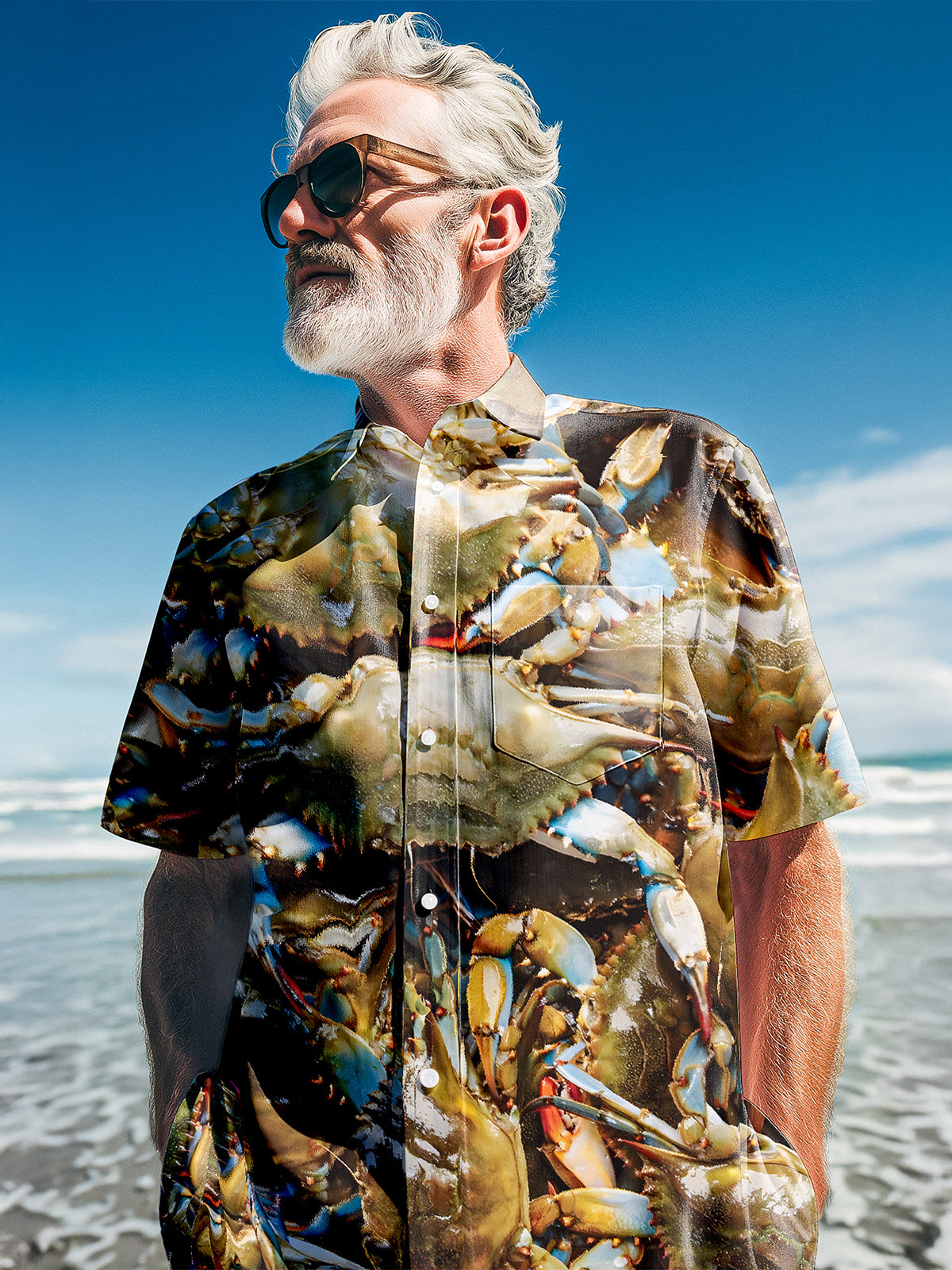 Seafood Crab Print Men's Pocket Short Sleeve Shirts