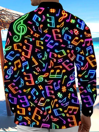 Adaychic Men's Graphic Neon Musical Notes Print Long Sleeve Shirt with Chest Pocket