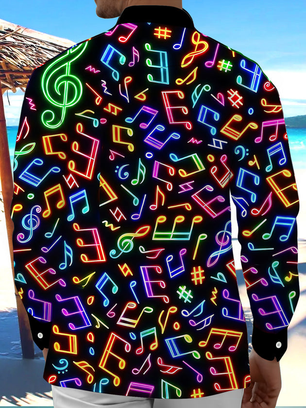 Adaychic Men's Graphic Neon Musical Notes Print Long Sleeve Shirt with Chest Pocket