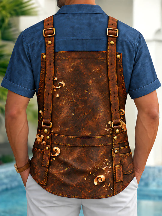 Adaychic Men's Short Sleeve Shirt - Woodworking Tools And Wood Shavings On Leather Apron Print with Chest Pocket