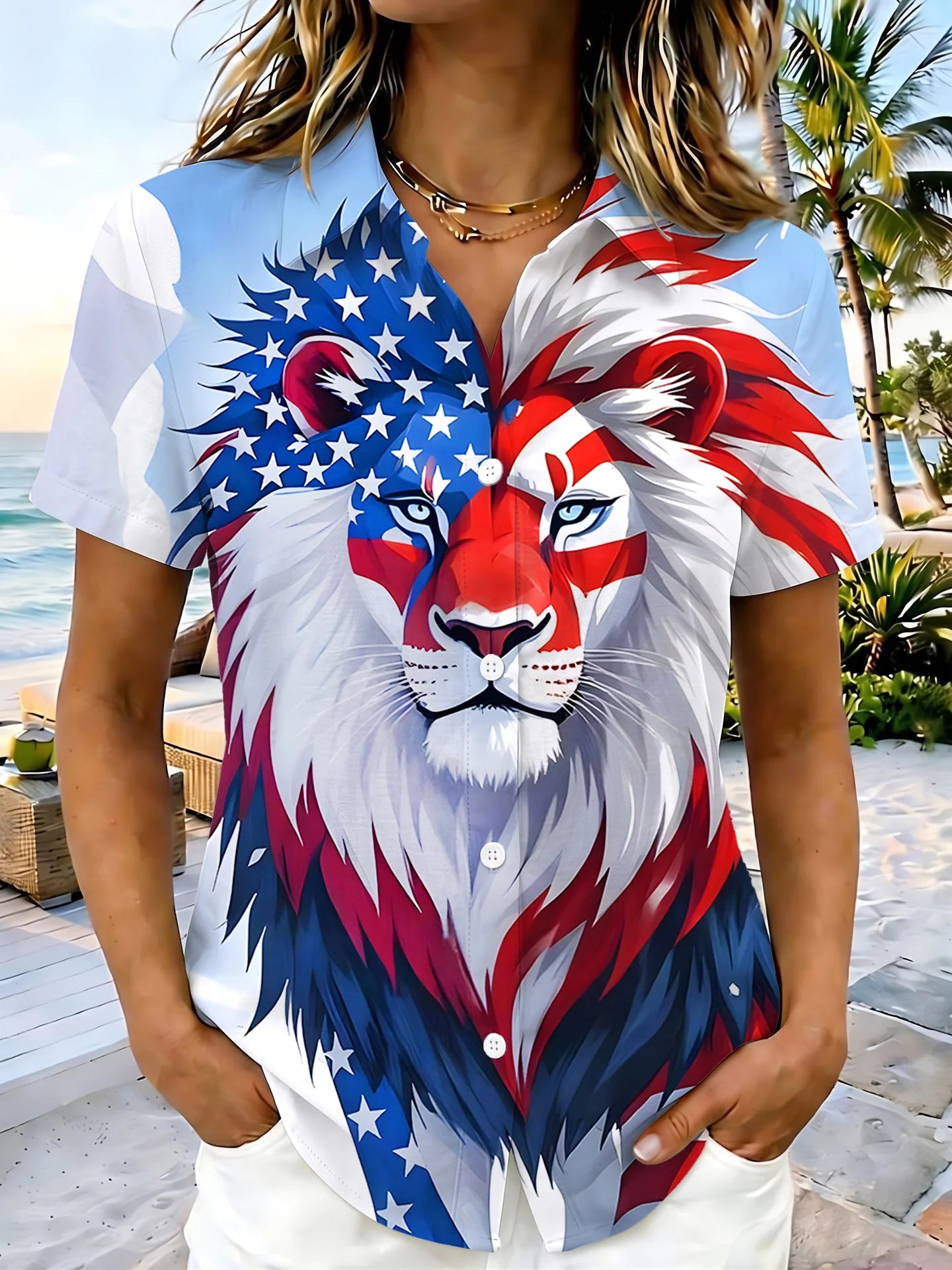 Matching Couple 4th of July Patriotic American Flag Lion Short Sleeve