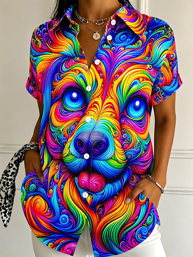 Psychedelic Dog Swirl Print Matching Couple Hawaiian Shirts