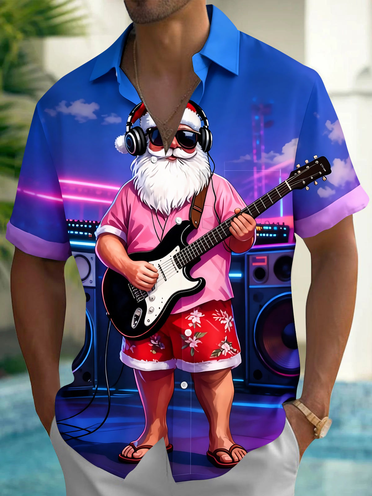 Hawaiian Santa Claus Guitar Men's Pocket Short Sleeve Shirts