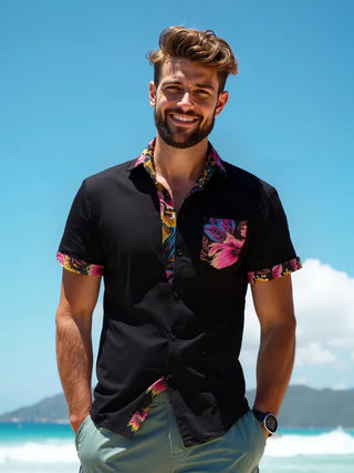 Men casual short sleeve Hawaiian retro print shirt front view for tropical beach vacation