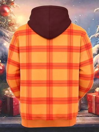 Adaychic Men's Graphic Plaid Pattern Overalls Print Long Sleeve Hoodie with Chest Pocket