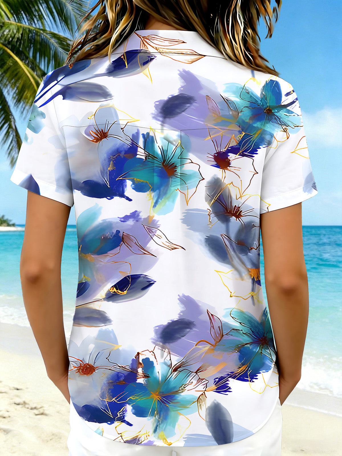 Women's floral short sleeve shirt back view