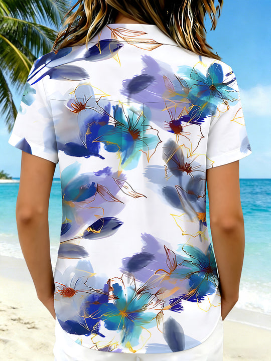 Women's floral short sleeve shirt back view