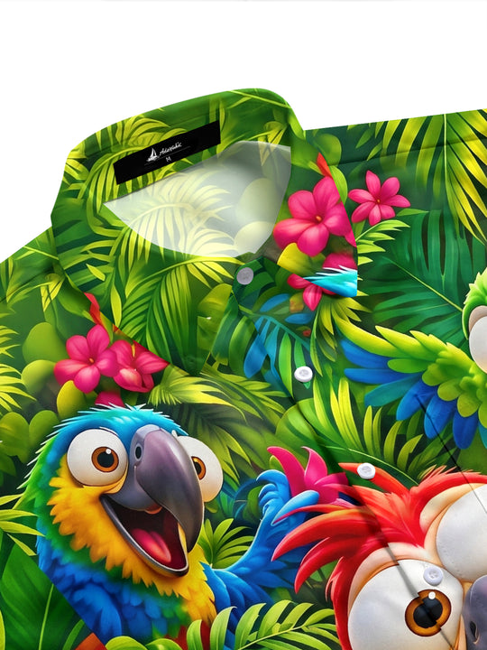 Tropical Parrot Plant Print Men's Pocket Short Sleeve Shirts