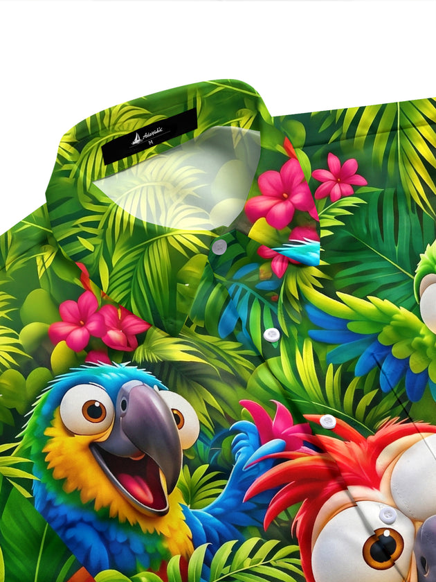 Tropical Parrot Plant Print Men's Pocket Short Sleeve Shirts