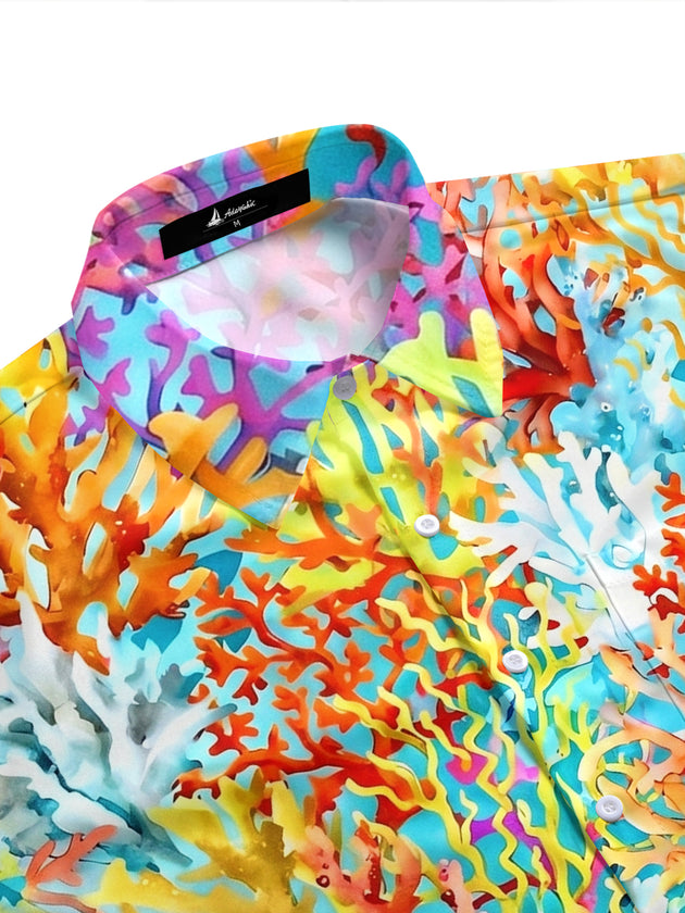 Men's coral tropical aloha short sleeve shirt side view