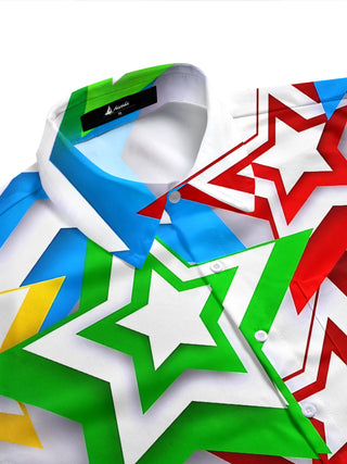Colorful Geometric Star Print Men's Pocket Short Sleeve Shirts