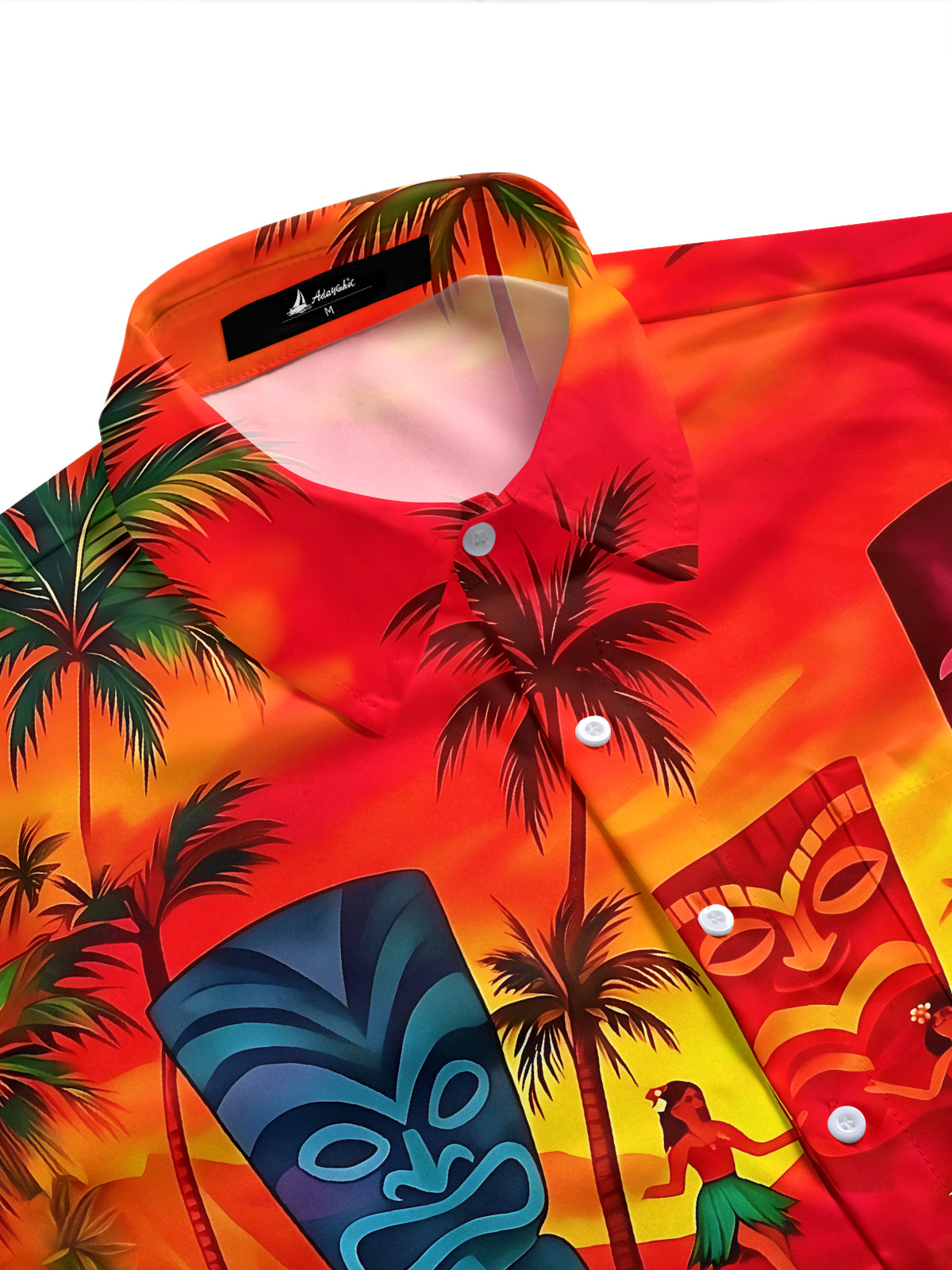 Adaychic Men's Hawaiian Floral Tiki Mask Hula Dancer Volcano Print Short Sleeve Button Down Shirt with Chest Pocket