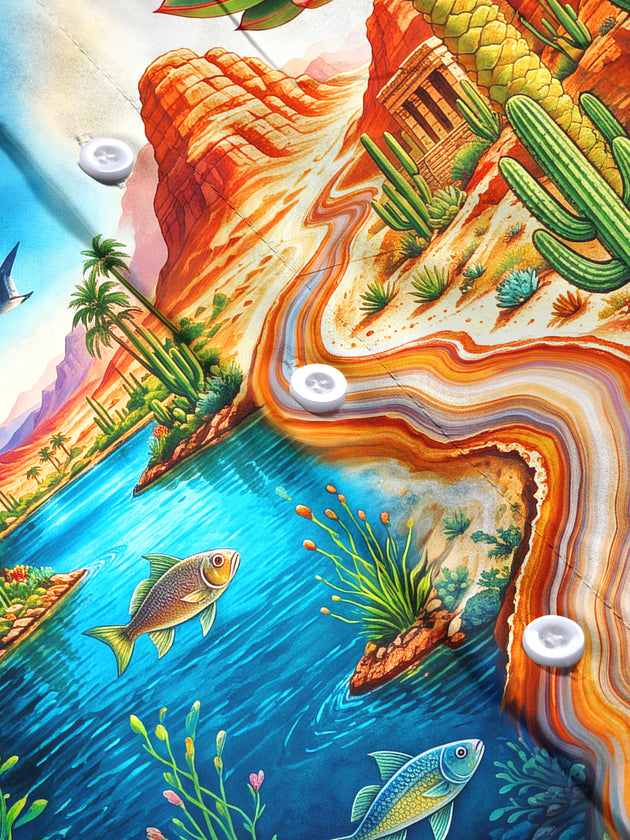 Adaychic Men's Long Sleeve Shirt - Desert Oasis Landscape With Cacti And Fish Print with Chest Pocket