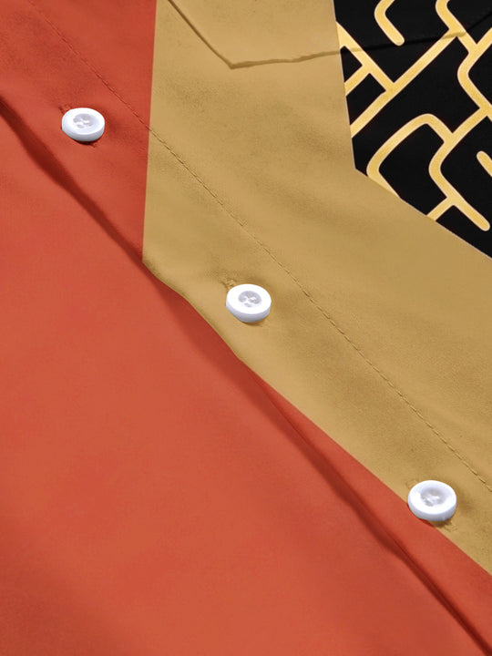 Adaychic Men's Vintage Style Tribal Geometric Pattern Short Sleeve Shirt with Chest Pocket