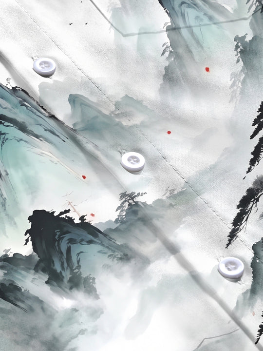 Adaychic Men's Long Sleeve Shirt - Chinese Landscape Mountains And Pine Trees Print with Chest Pocket