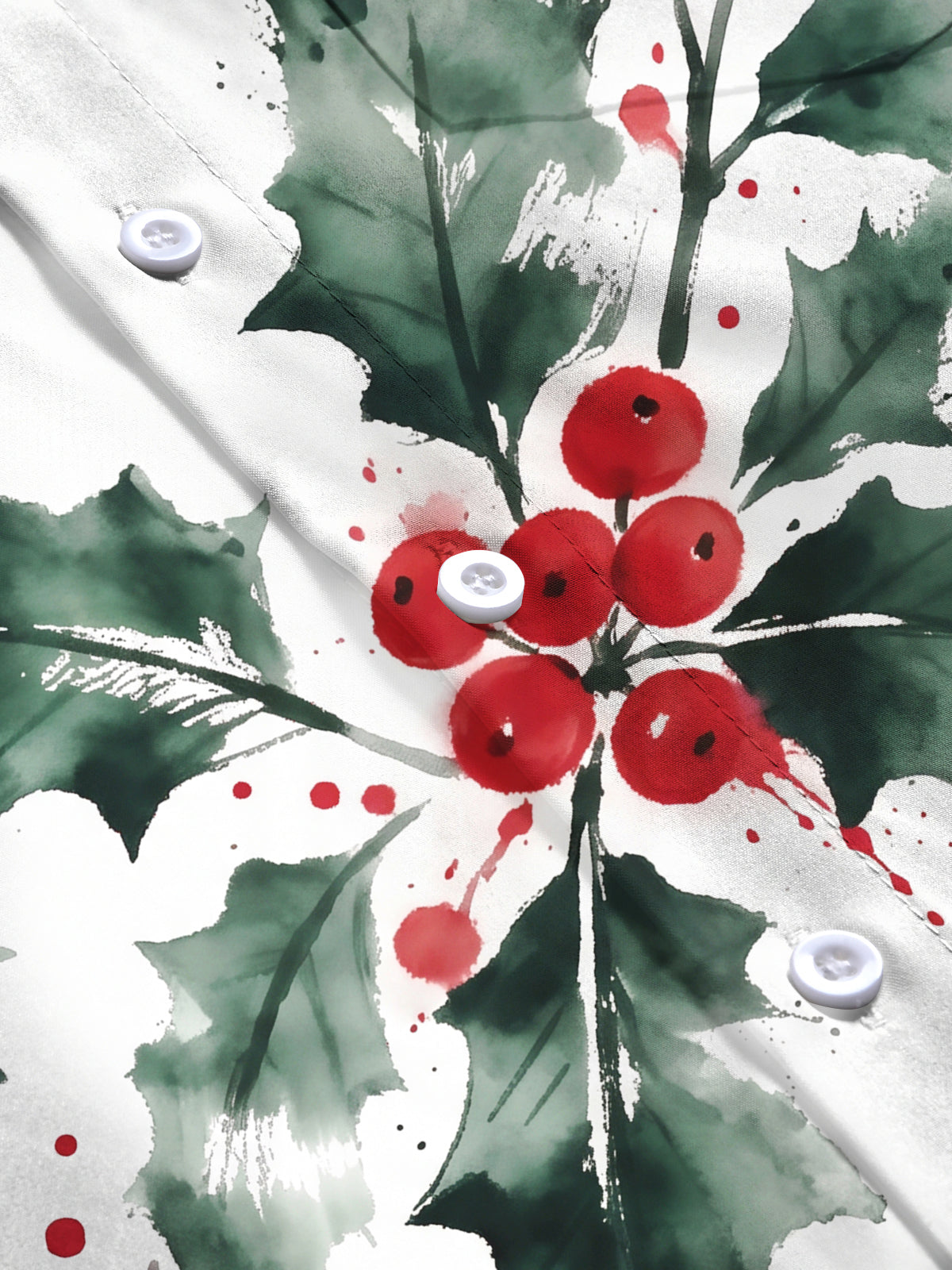 Adaychic Men's Christmas Holly Leaves And Red Berries Print Long Sleeve Shirt with Chest Pocket
