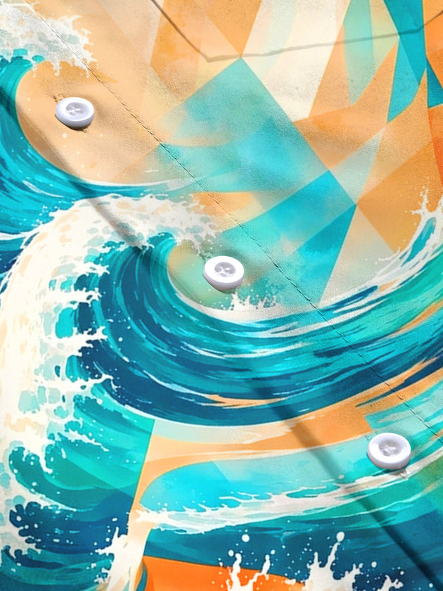 Adaychic Men's Hawaiian Geometric Watercolor Waves Print Long Sleeve Shirt with Chest Pocket