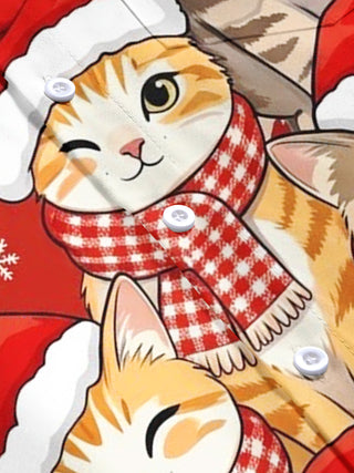 Adaychic Christmas Cat Cartoon Men's Pocket Short Sleeve Shirts