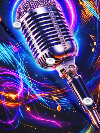 Adaychic Men's Long Sleeve Shirt - Vintage Microphone With Neon Music Notes And Sound Waves Print with Chest Pocket