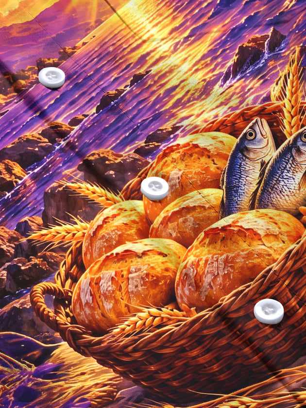 Adaychic Men's Basket Of Bread And Fish With Wheat Print Long Sleeve Shirt with Chest Pocket