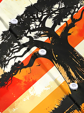 Adaychic Men's Vintage Style Acacia Tree Sunset Print Short Sleeve Shirt with Chest Pocket