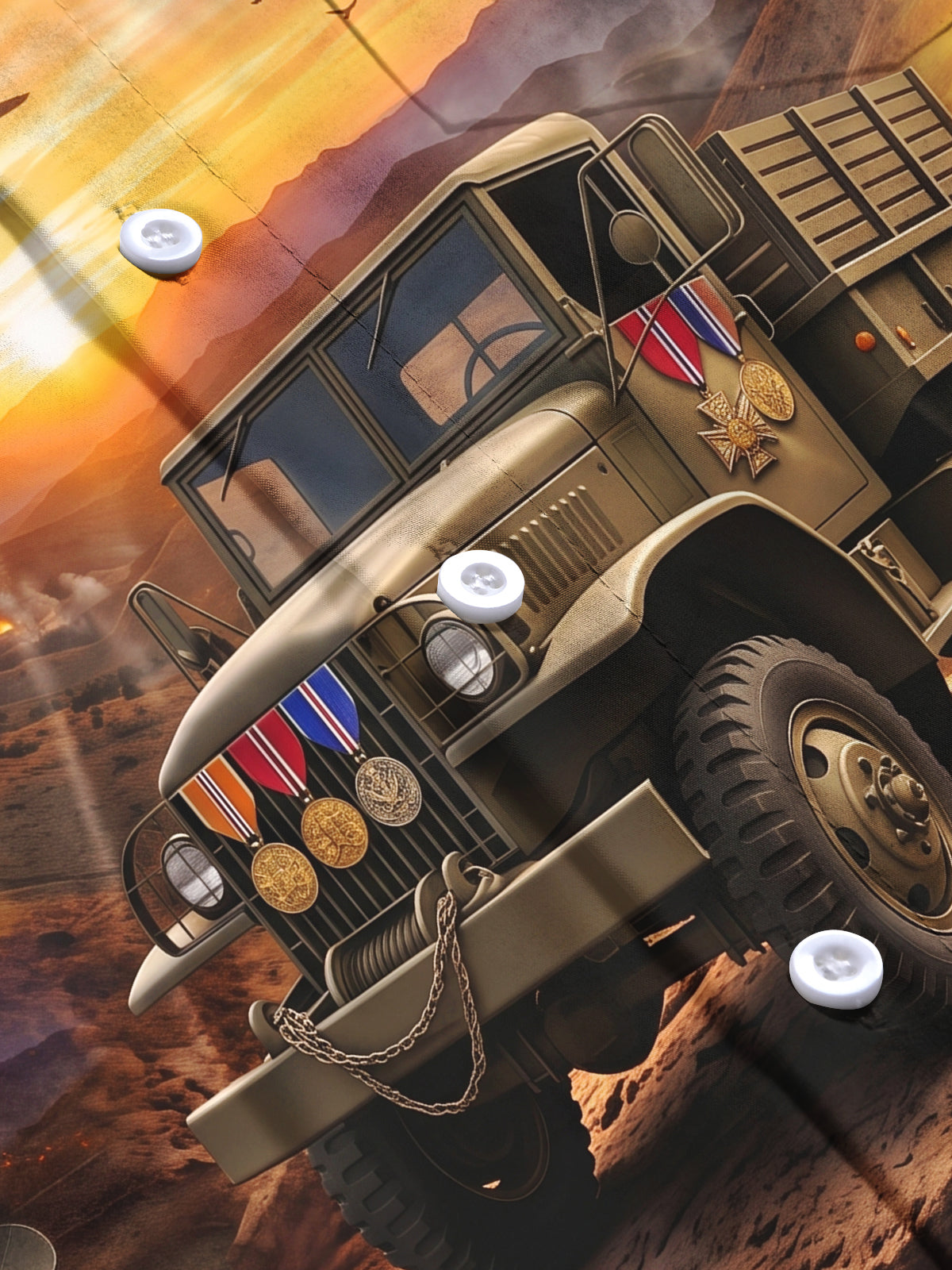 Adaychic Men's Military Truck And Battlefield Sunset Print Long Sleeve Shirt with Chest Pocket