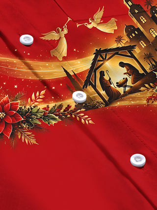 Adaychic Men's Nativity Scene With Poinsettias And Star Print Long Sleeve Shirt with Chest Pocket