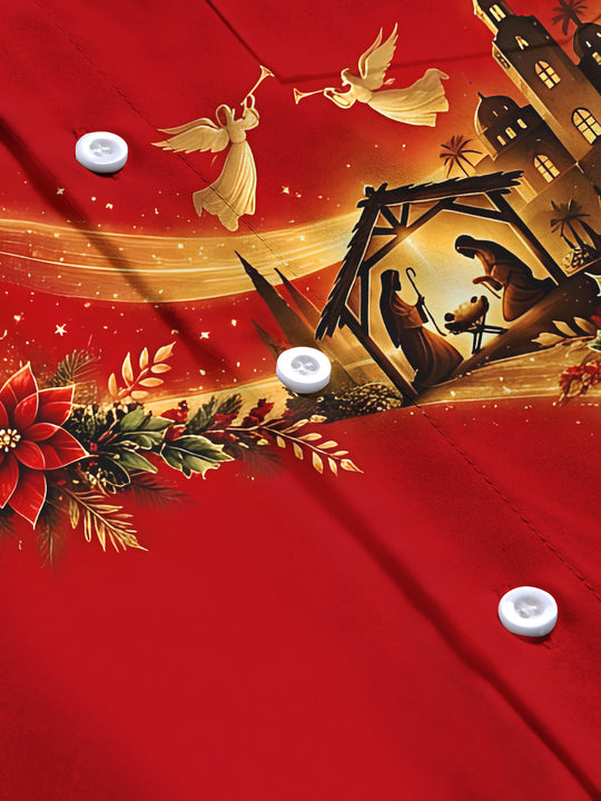 Adaychic Men's Nativity Scene With Poinsettias And Star Print Long Sleeve Shirt with Chest Pocket