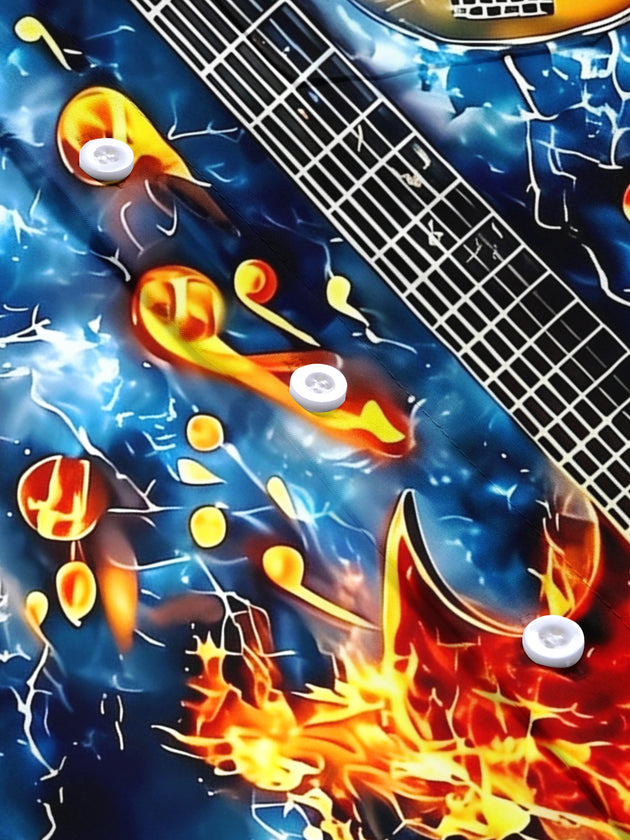 Adaychic Men's Hawaiian Electric Guitar Fire Print Short Sleeve Shirt with Chest Pocket