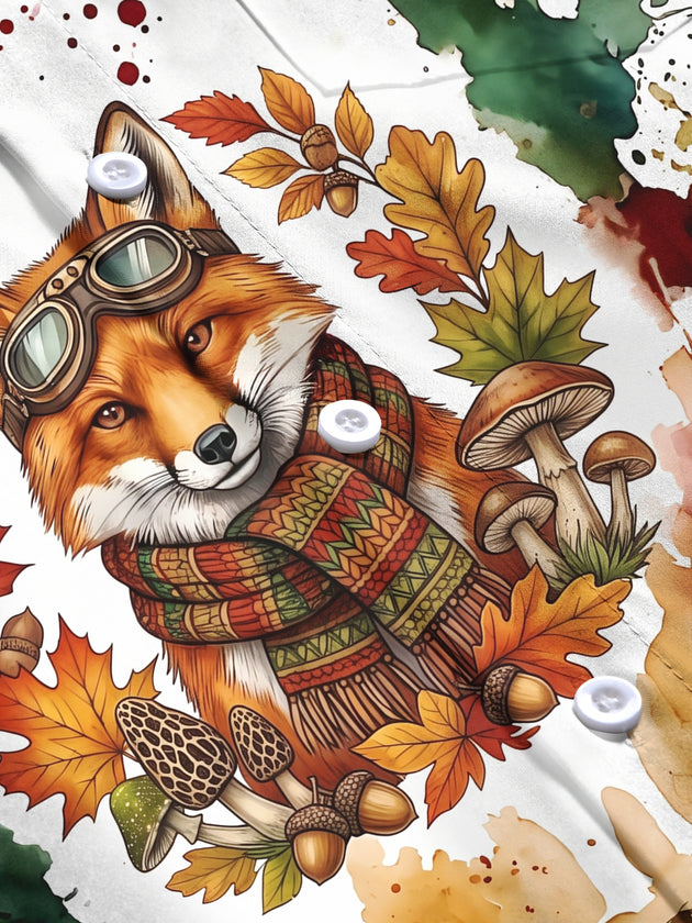 Adaychic Men's Graphic Fox With Goggles And Scarf Print Long Sleeve Shirt with Chest Pocket