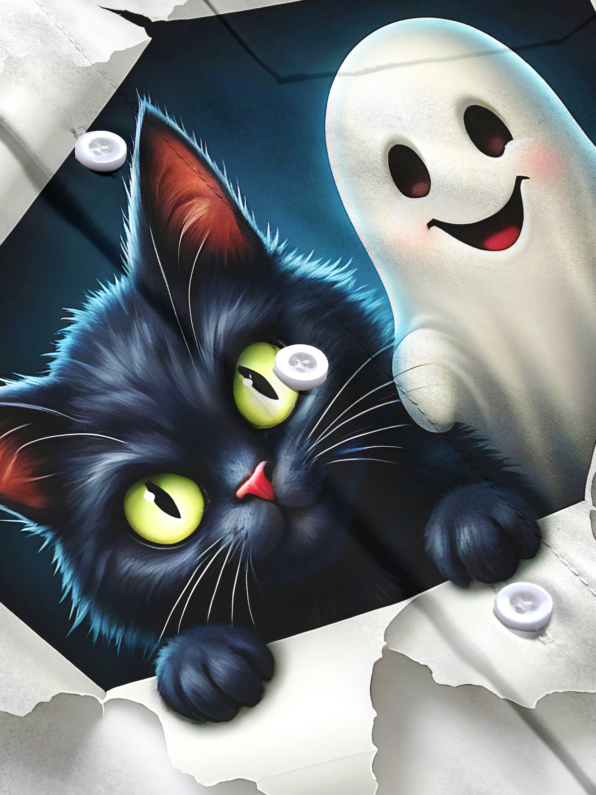 Adaychic Men's Graphic Halloween Black Cat And Ghost Print Long Sleeve Shirt with Chest Pocket