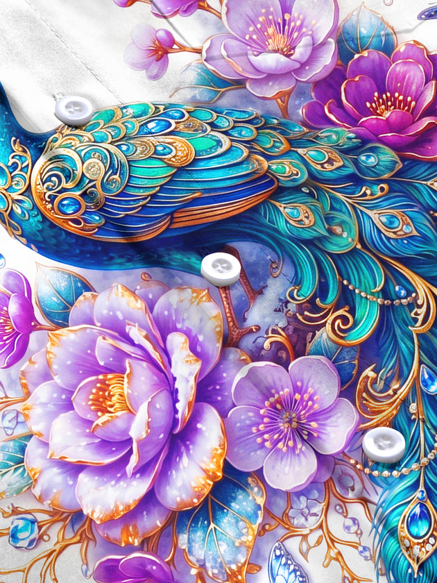 Adaychic Men's Printed Peacock And Floral Pattern Long Sleeve Shirt with Chest Pocket