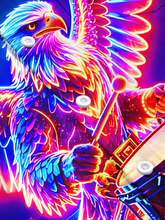 Adaychic Men's Graphic Neon Eagle Playing Drums Print Short Sleeve Shirt with Chest Pocket