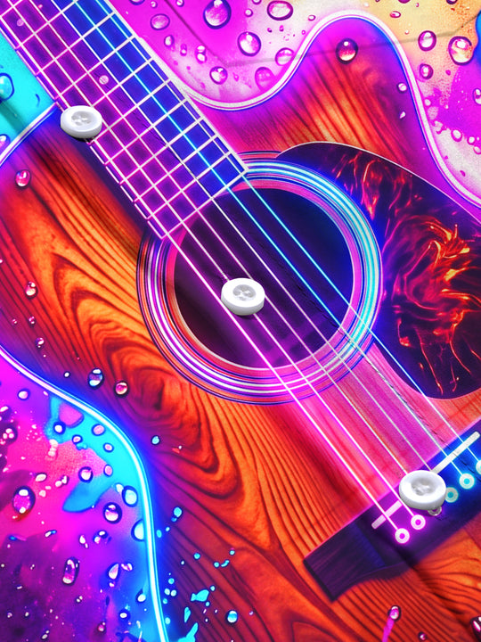 Adaychic Men's Long Sleeve Shirt - Acoustic Guitar With Neon Splash And Water Droplets Print with Chest Pocket