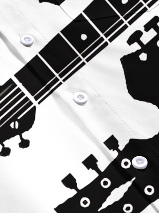 Adaychic Men's Graphic Guitar Headstock Silhouette Print Short Sleeve Shirt with Chest Pocket