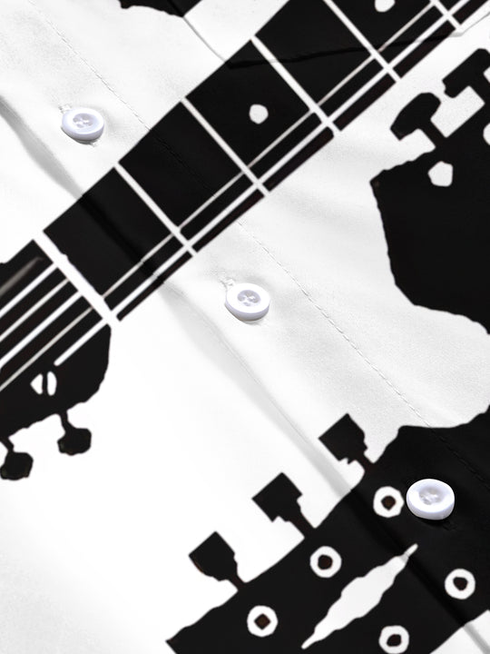 Adaychic Men's Graphic Guitar Headstock Silhouette Print Short Sleeve Shirt with Chest Pocket