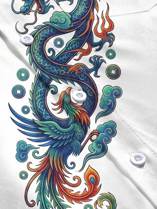 Adaychic Men's Graphic Dragon And Phoenix Print Long Sleeve Shirt with Chest Pocket