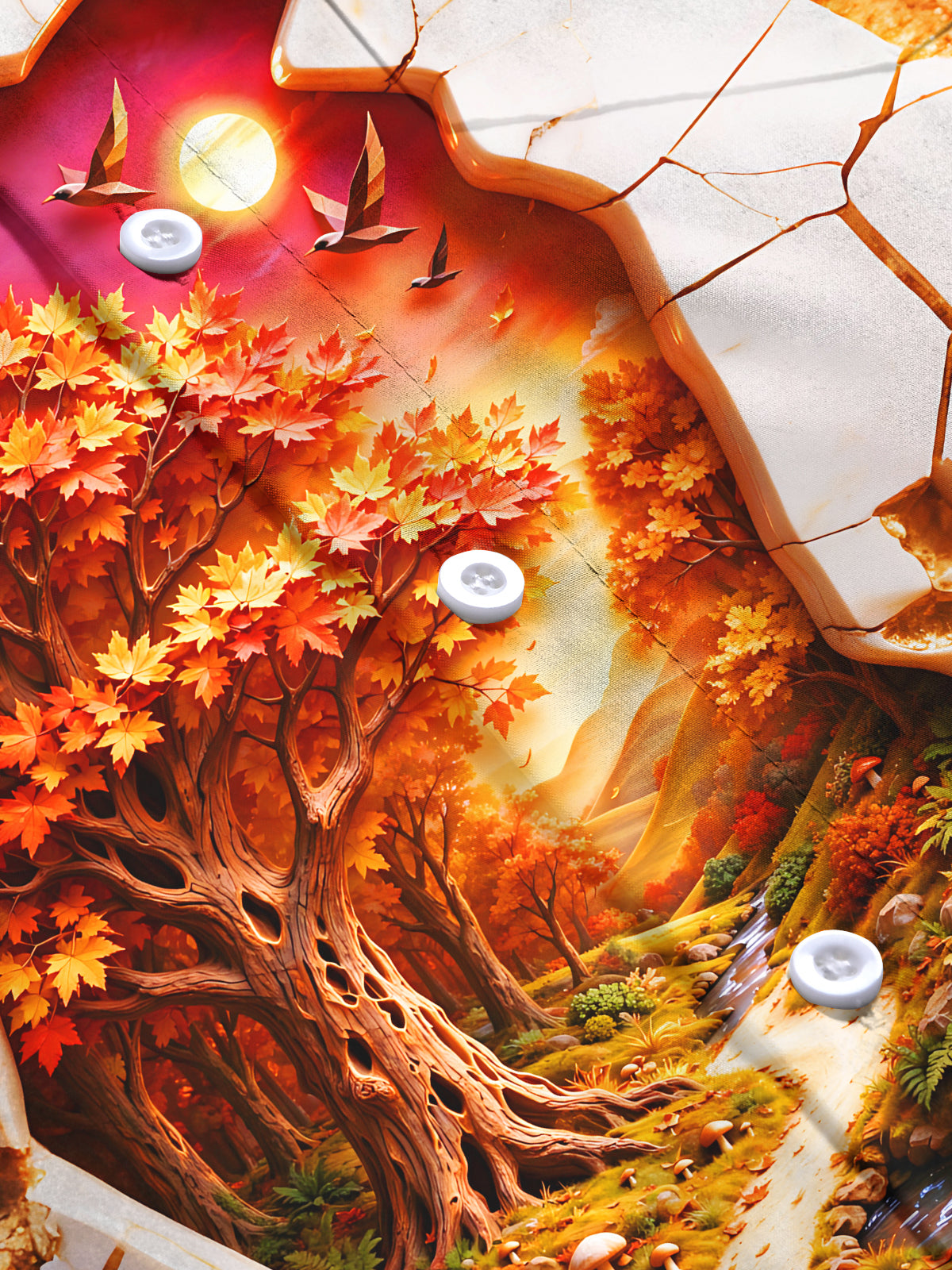 Adaychic Men's Long Sleeve Shirt - Autumn Forest Landscape With Cracked Marble Border Print with Chest Pocket