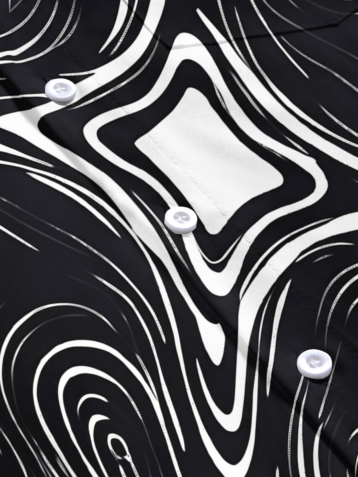 Adaychic Men's Abstract Swirling Black And White Lines Print Short Sleeve Shirt with Chest Pocket