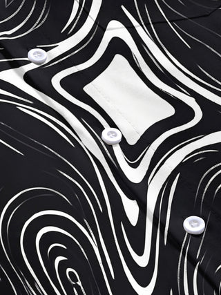 Adaychic Men's Abstract Swirling Black And White Lines Print Short Sleeve Shirt with Chest Pocket