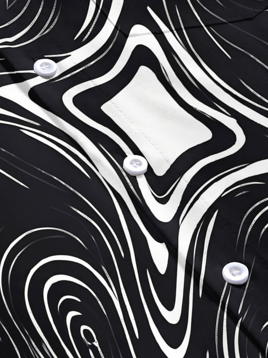 Adaychic Men's Abstract Swirling Black And White Lines Print Short Sleeve Shirt with Chest Pocket