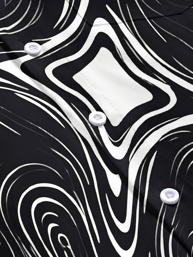 Adaychic Men's Abstract Swirling Black And White Lines Print Short Sleeve Shirt with Chest Pocket