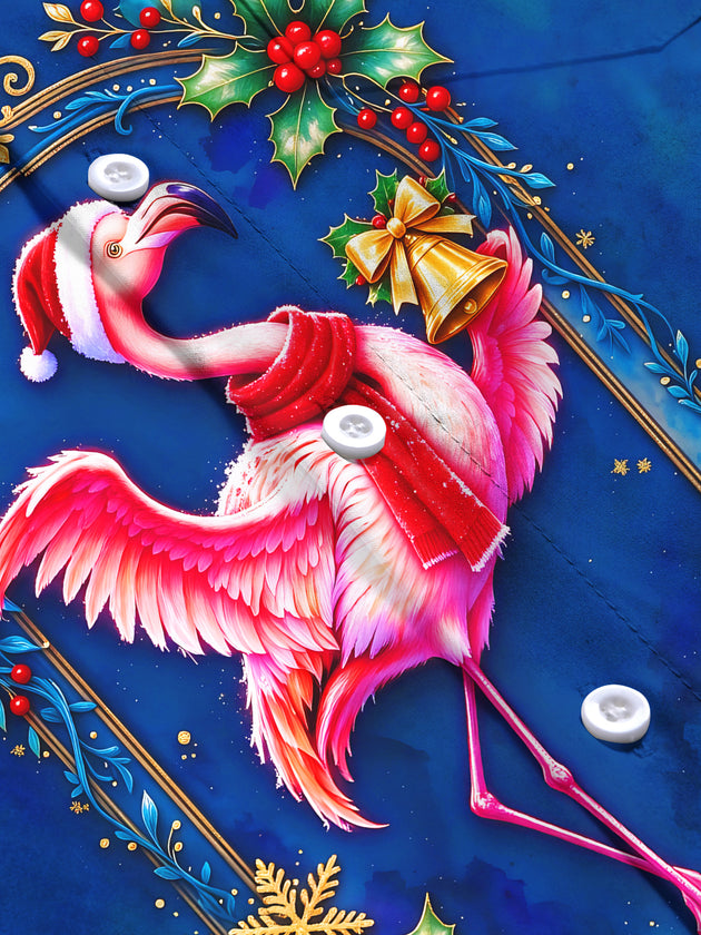 Adaychic Men's Long Sleeve Shirt - Christmas Flamingo With Santa Hat And Scarf Print with Chest Pocket