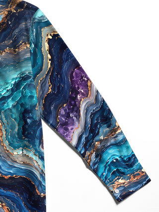 Adaychic Men's Abstract Marble And Agate Waves Print Long Sleeve Shirt with Chest Pocket