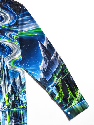 Adaychic Men's Long Sleeve Shirt - Crystal Archway And Aurora Borealis Landscape Print with Chest Pocket